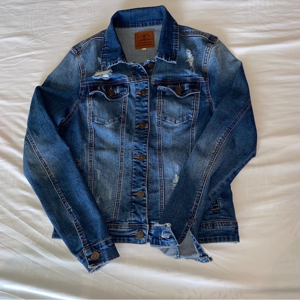 Distressed blue Jean jacket Authentic Denim Enjean Premium Collection Women’s L